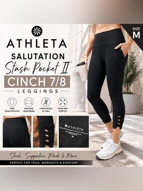 Athleta Salutation Stash Pocket II Cinch 7/8 Leggings Black Size M High Rise
